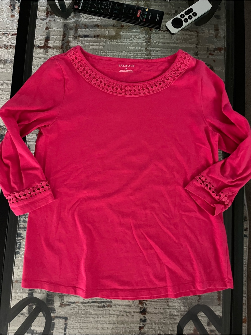 Talbots Bright Pink Crochet-Trim 3/4 Sleeve Shirt